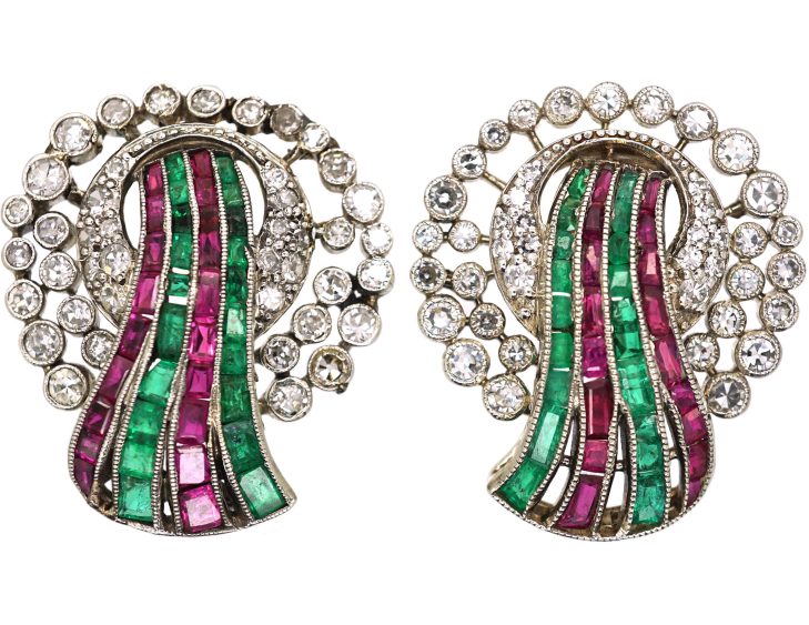 Art Deco Platinum, Diamond, Ruby & Emerald Earrings