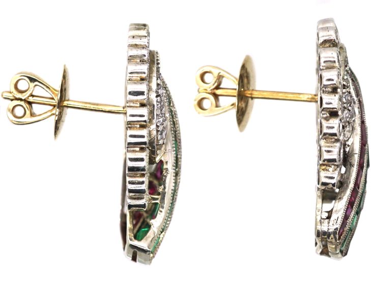 Art Deco Platinum, Diamond, Ruby & Emerald Earrings