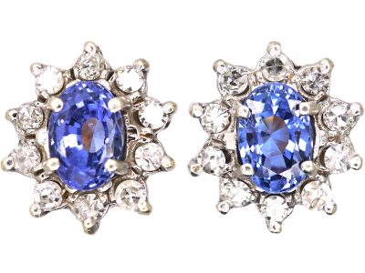 Vintage 9ct Gold Sapphire & Diamond Oval Cluster Earrings