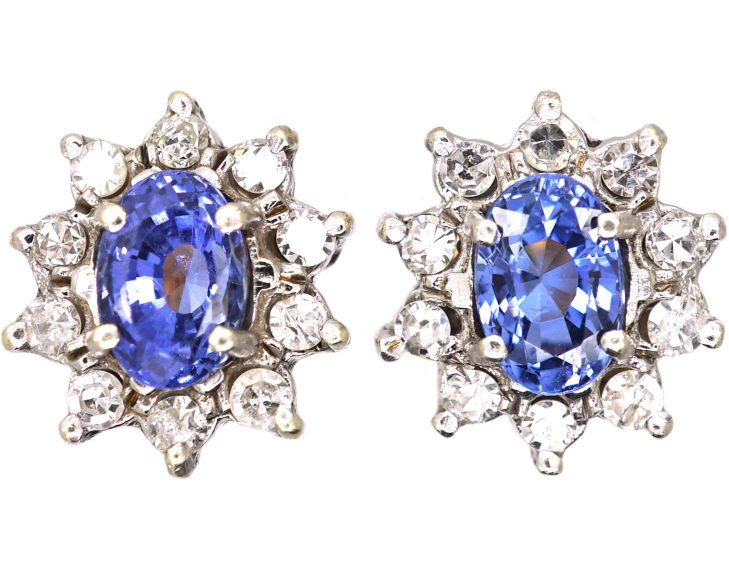 Vintage 9ct Gold Sapphire & Diamond Oval Cluster Earrings