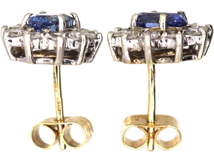 Vintage 9ct Gold Sapphire & Diamond Oval Cluster Earrings