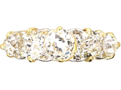 Victorian 18ct Five Stone Old Mine Cut Diamond Carved Half Hoop Ring