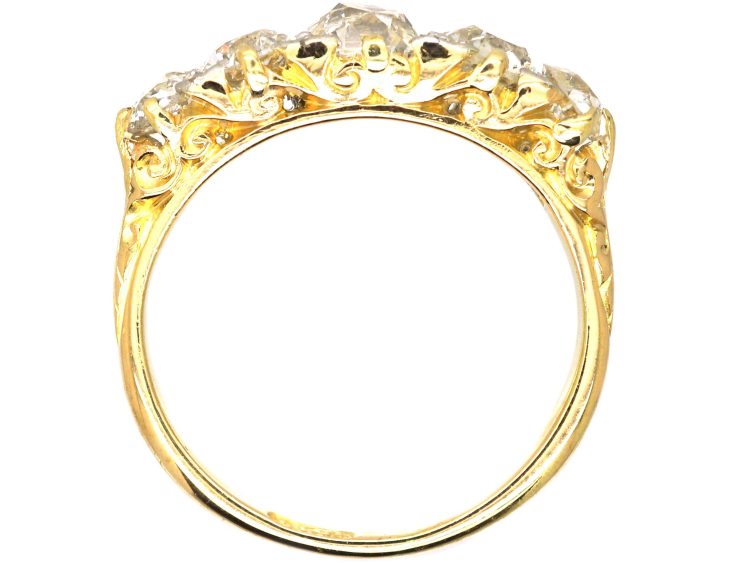 Victorian 18ct Five Stone Old Mine Cut Diamond Carved Half Hoop Ring