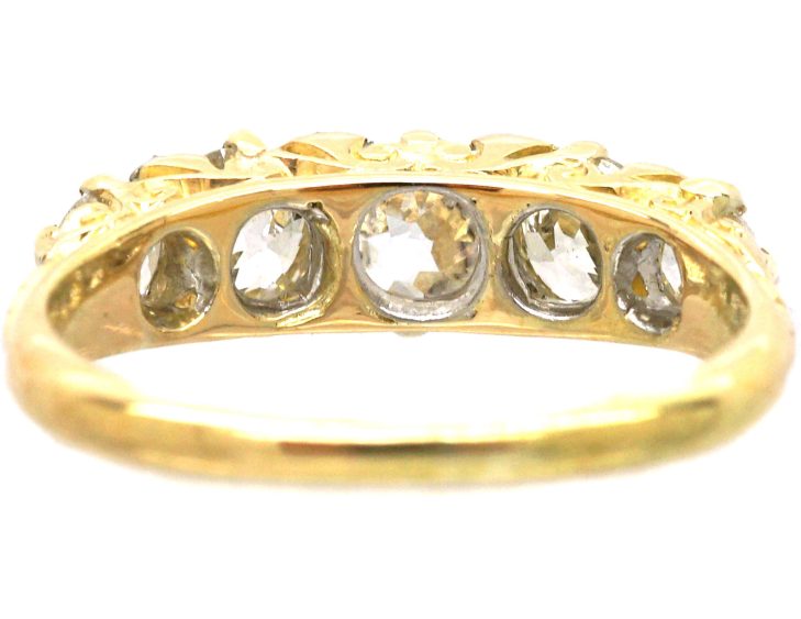 Victorian 18ct Five Stone Old Mine Cut Diamond Carved Half Hoop Ring