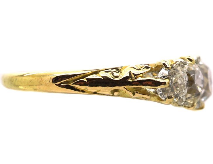 Victorian 18ct Five Stone Old Mine Cut Diamond Carved Half Hoop Ring