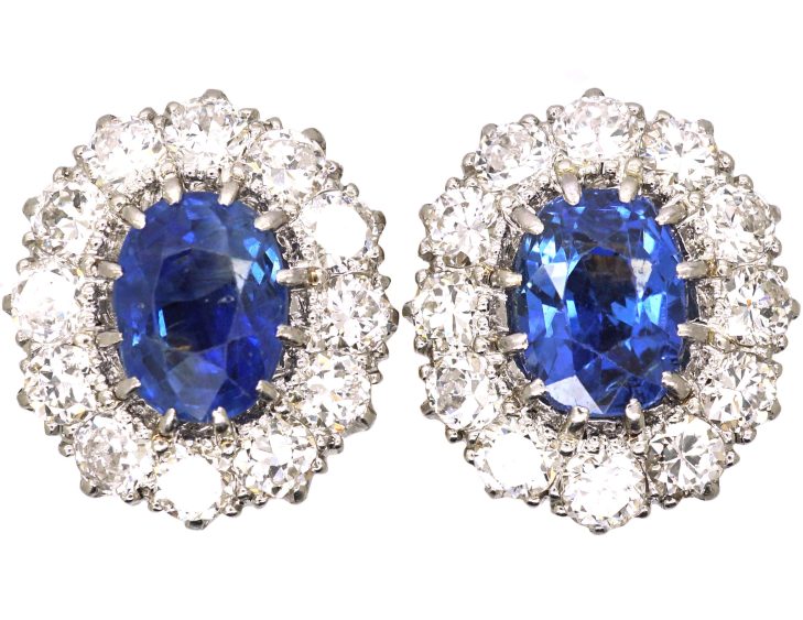 Early 20th Century 18ct White Gold Large Sapphire & Diamond Cluster Earrings