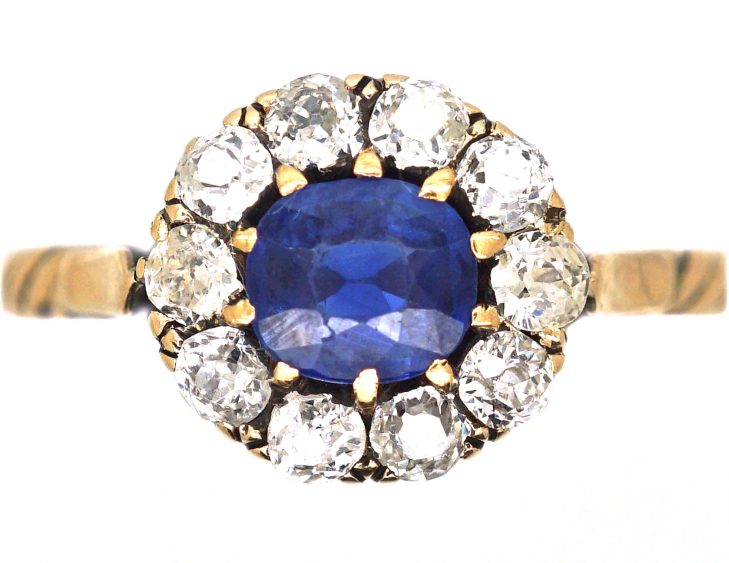Edwardian 18ct Gold Sapphire & Diamond Slightly Oval Cluster Ring