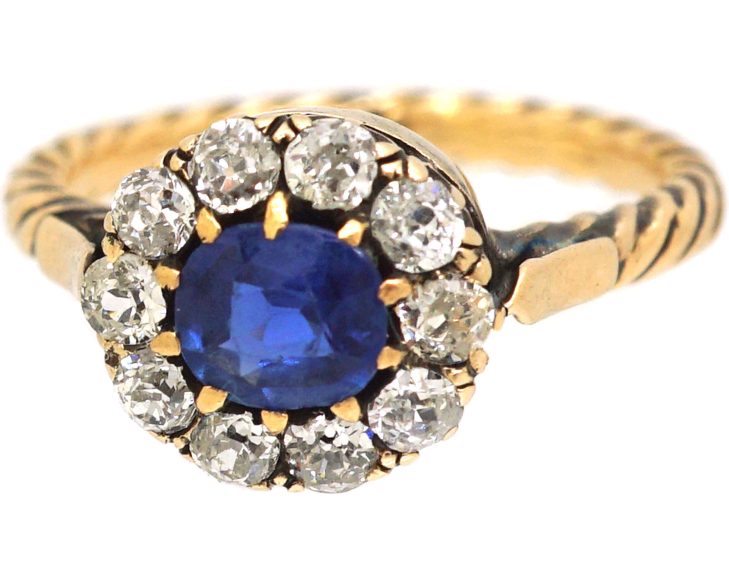 Edwardian 18ct Gold Sapphire & Diamond Slightly Oval Cluster Ring