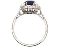 Art Deco 18ct White Gold Burma Sapphire & Diamond Oval Cluster Ring with Baguette Diamond Shoulders