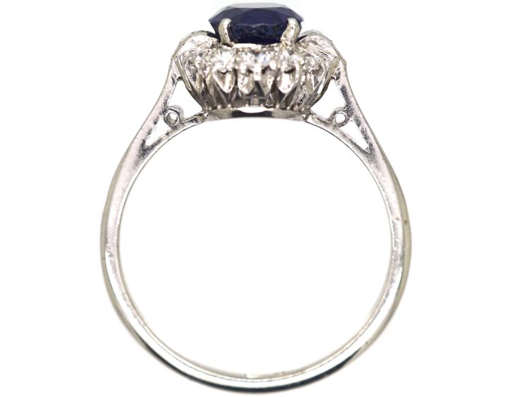 Art Deco 18ct White Gold Burma Sapphire & Diamond Oval Cluster Ring with Baguette Diamond Shoulders
