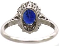 Art Deco 18ct White Gold Burma Sapphire & Diamond Oval Cluster Ring with Baguette Diamond Shoulders