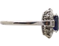 Art Deco 18ct White Gold Burma Sapphire & Diamond Oval Cluster Ring with Baguette Diamond Shoulders