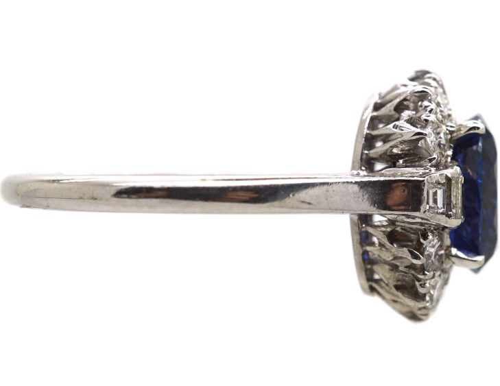 Art Deco 18ct White Gold Burma Sapphire & Diamond Oval Cluster Ring with Baguette Diamond Shoulders