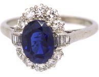 Art Deco 18ct White Gold Burma Sapphire & Diamond Oval Cluster Ring with Baguette Diamond Shoulders