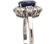 Art Deco 18ct White Gold Burma Sapphire & Diamond Oval Cluster Ring with Baguette Diamond Shoulders