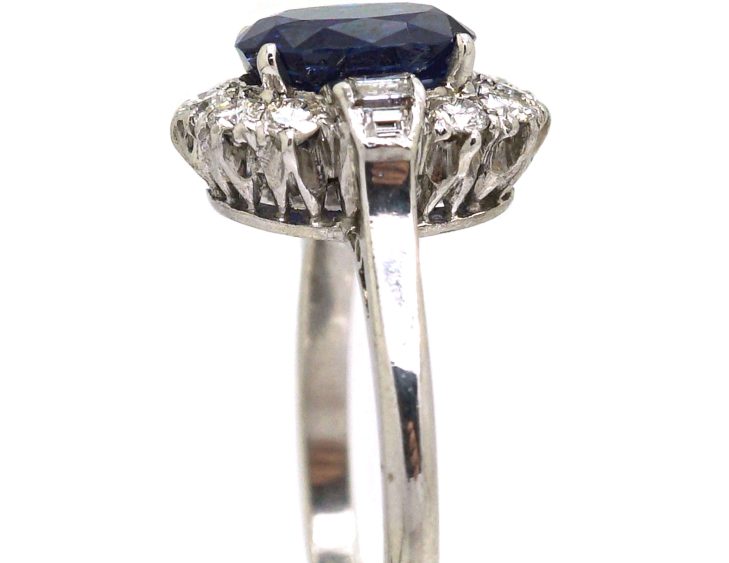 Art Deco 18ct White Gold Burma Sapphire & Diamond Oval Cluster Ring with Baguette Diamond Shoulders