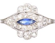 Art Deco Platinum Ring set with a Marquise Cut Sapphire & Diamonds