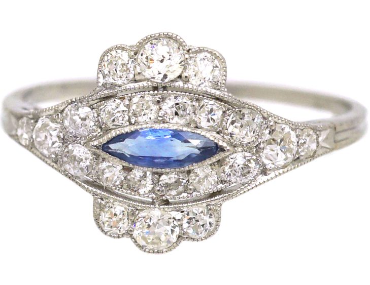 Art Deco Platinum Ring set with a Marquise Cut Sapphire & Diamonds