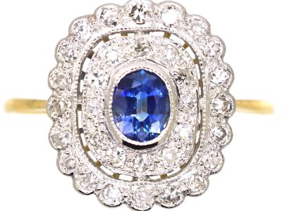 Edwardian 18ct Gold & Platinum, Sapphire & Diamond Two Row Cluster Ring