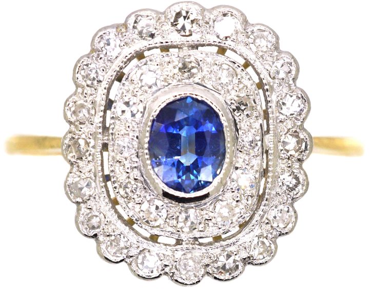 Edwardian 18ct Gold & Platinum, Sapphire & Diamond Two Row Cluster Ring