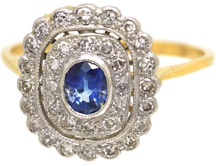 Edwardian 18ct Gold & Platinum, Sapphire & Diamond Two Row Cluster Ring