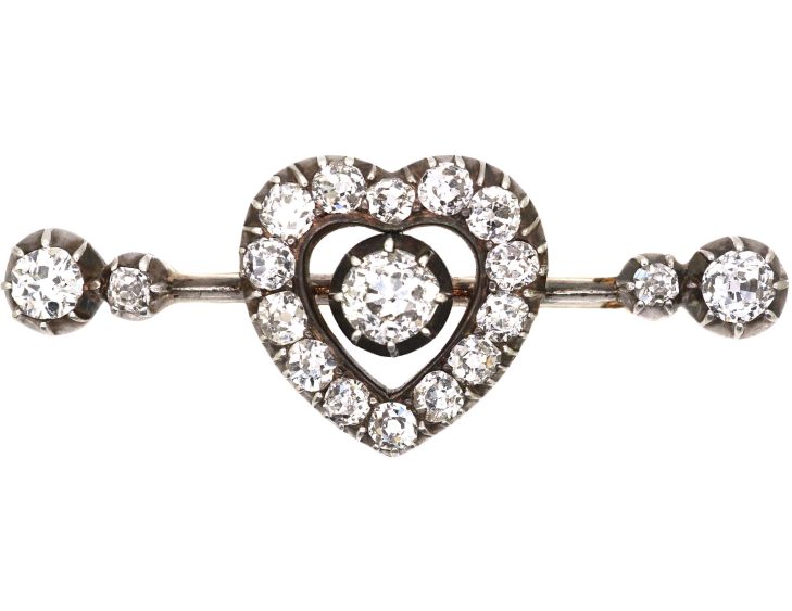 Victorian 15ct Gold & Silver Heart Brooch set with Diamonds in original Case