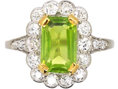 Edwardian 18ct White Gold & Platinum Peridot & Diamond Cluster Ring