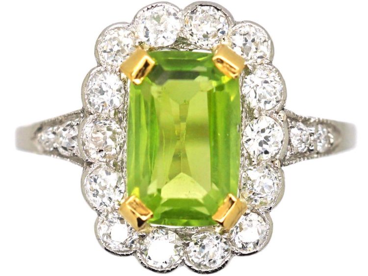 Edwardian 18ct White Gold & Platinum Peridot & Diamond Cluster Ring