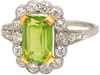 Edwardian 18ct White Gold & Platinum Peridot & Diamond Cluster Ring