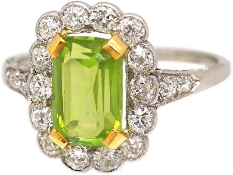 Edwardian 18ct White Gold & Platinum Peridot & Diamond Cluster Ring