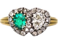 Victorian 18ct Gold Double Heart Ring set with an Emerald & Diamonds
