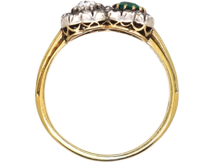 Victorian 18ct Gold Double Heart Ring set with an Emerald & Diamonds