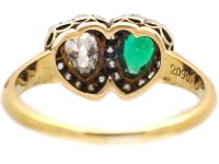 Victorian 18ct Gold Double Heart Ring set with an Emerald & Diamonds