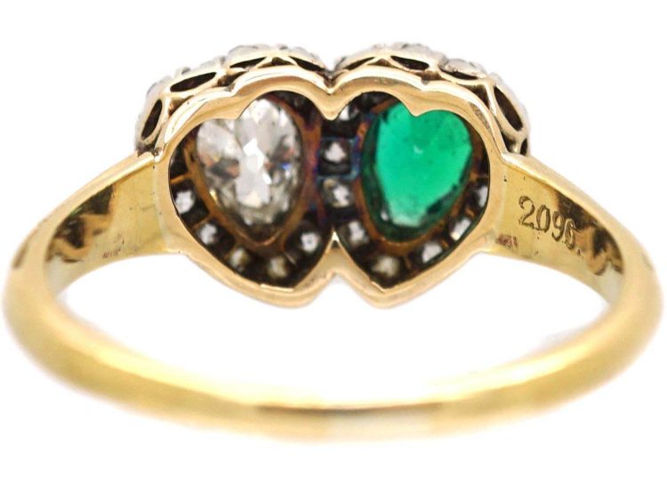 Victorian 18ct Gold Double Heart Ring set with an Emerald & Diamonds