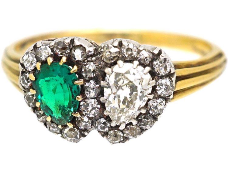 Victorian 18ct Gold Double Heart Ring set with an Emerald & Diamonds
