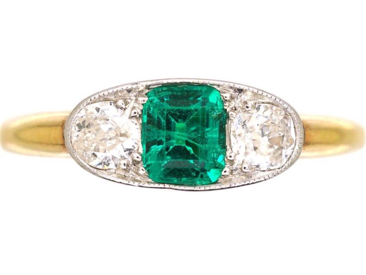 Early 20th Century Emerald & Diamond Three Stone Ring