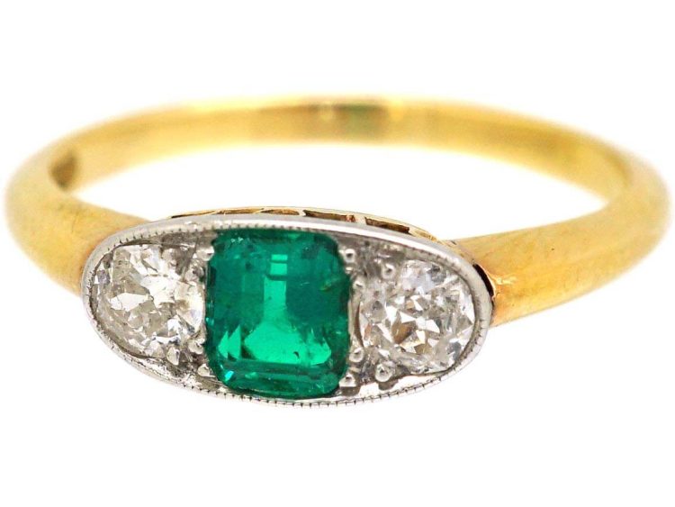 Early 20th Century Emerald & Diamond Three Stone Ring