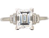 Art Deco Platinum Diamond Solitaire Ring with Baguette Diamond Shoulders