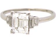 Art Deco Platinum Diamond Solitaire Ring with Baguette Diamond Shoulders