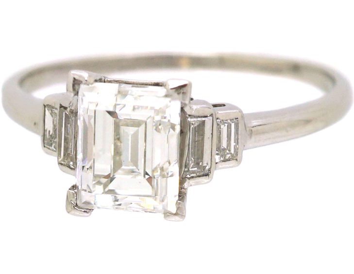 Art Deco Platinum Diamond Solitaire Ring with Baguette Diamond Shoulders