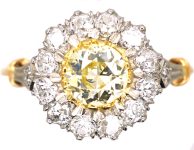 Edwardian 18ct Gold & Platinum Diamond Cluster Ring with a Yellow Diamond in the Centre