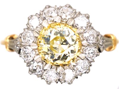 Edwardian 18ct Gold & Platinum Diamond Cluster Ring with a Yellow Diamond in the Centre