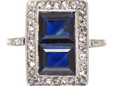 Art Deco Platinum Rectangular Ring set with Two Sapphires & Diamonds
