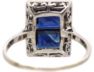 Art Deco Platinum Rectangular Ring set with Two Sapphires & Diamonds