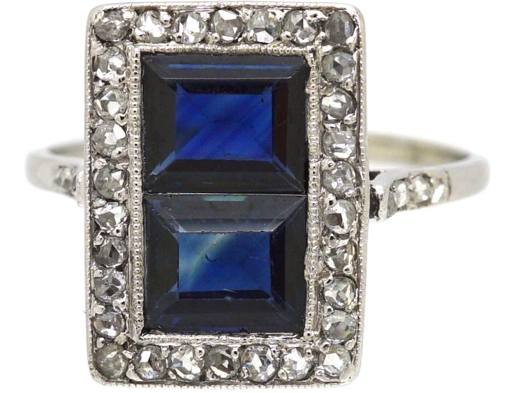Art Deco Platinum Rectangular Ring set with Two Sapphires & Diamonds