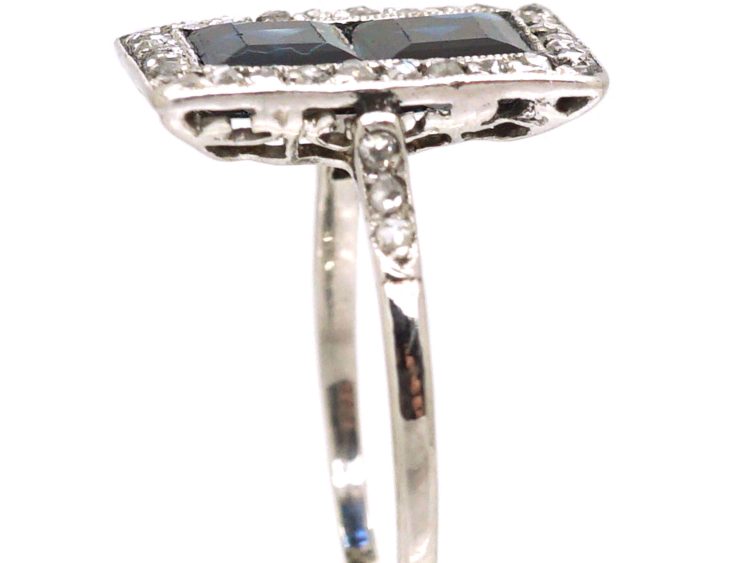 Art Deco Platinum Rectangular Ring set with Two Sapphires & Diamonds