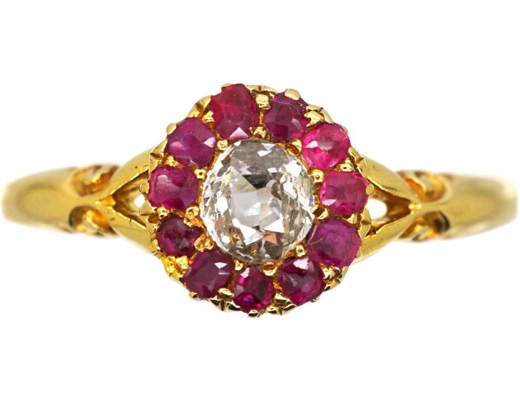 Edwardian 18ct Gold Diamond & Ruby Cluster Ring
