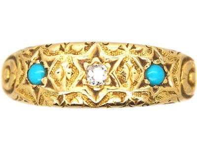Victorian 18ct Gold Star Ring set with a Diamond & Two Turquoise
