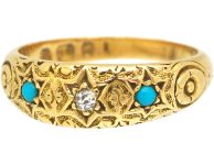 Victorian 18ct Gold Star Ring set with a Diamond & Two Turquoise