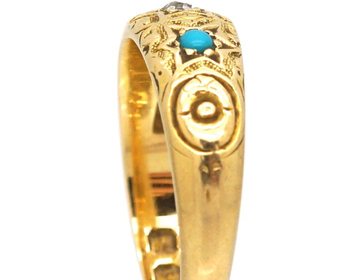Victorian 18ct Gold Star Ring set with a Diamond & Two Turquoise